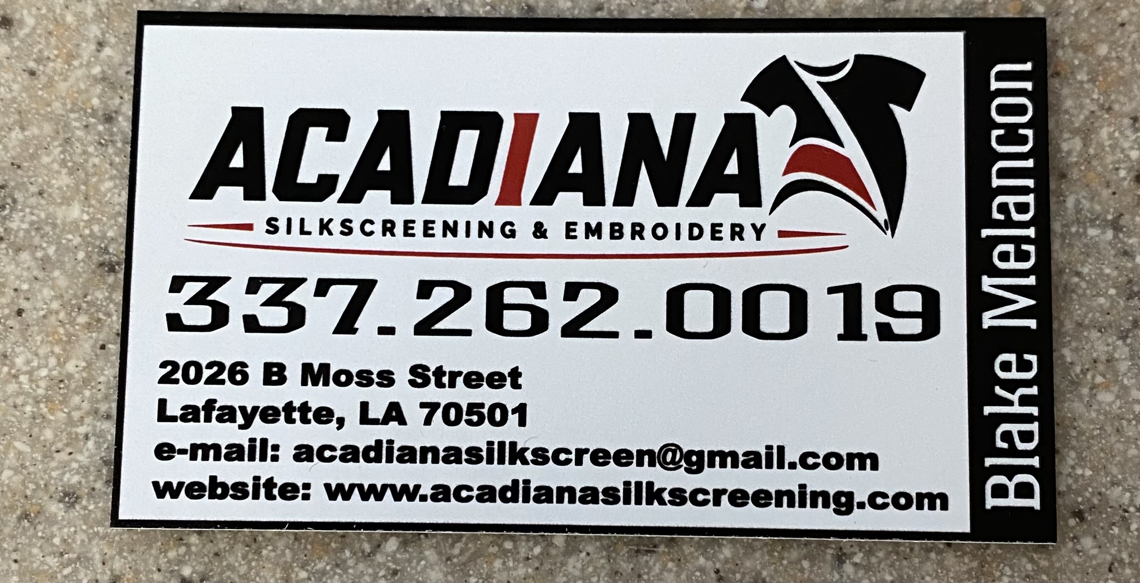 Acadiana Silkscreening and Embroidery business card for Blake Melancon
